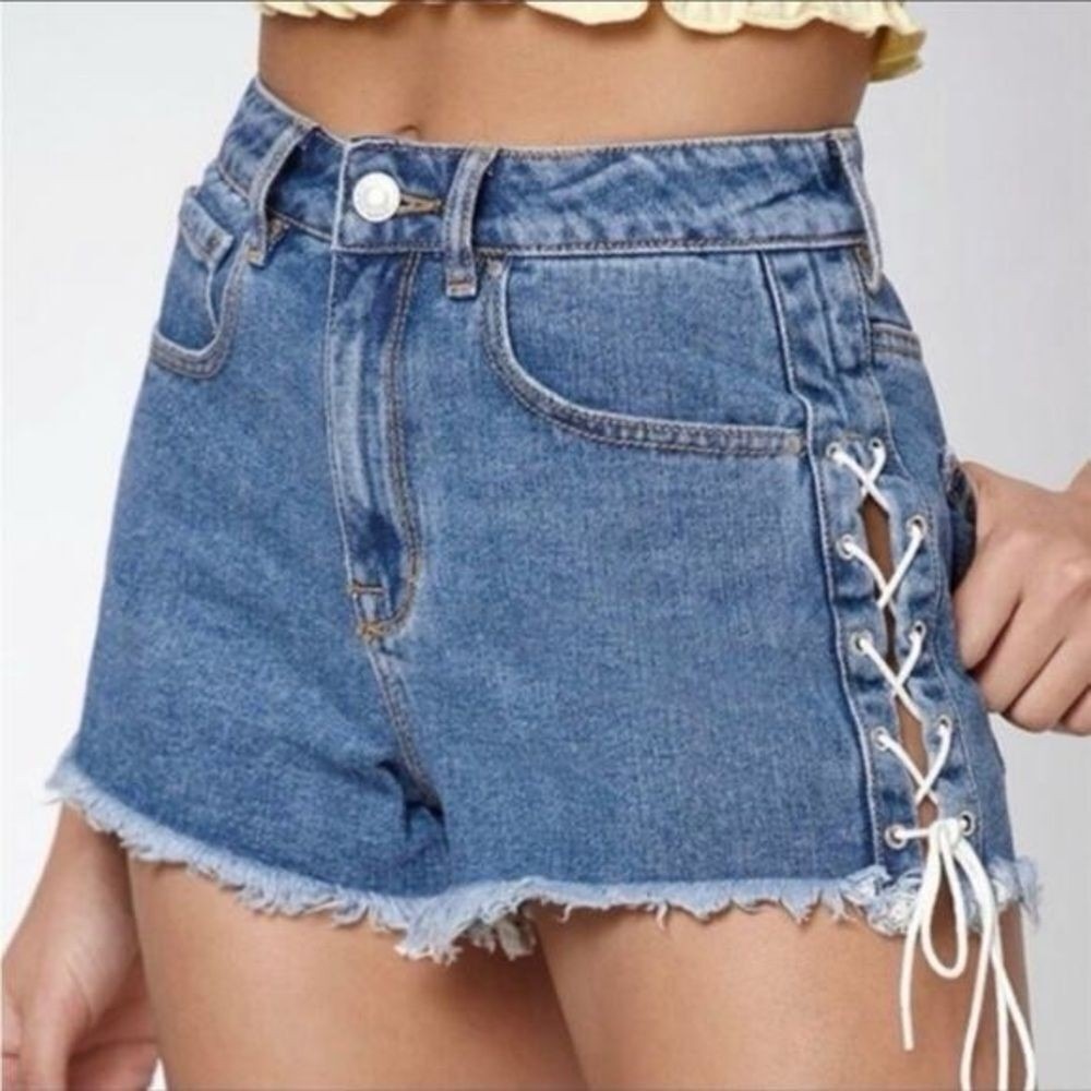 PACSUN‎ High Rise Lace Up Cut Off Denim Festival Shorts Size 28